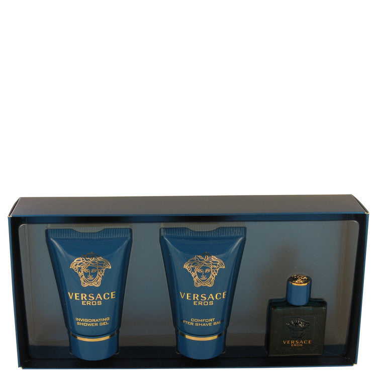 Versace Eros by Versace Gift Set -- .17 oz Mini EDT + .8 oz Shower Gel + .8 oz After Shave Balm (Men)