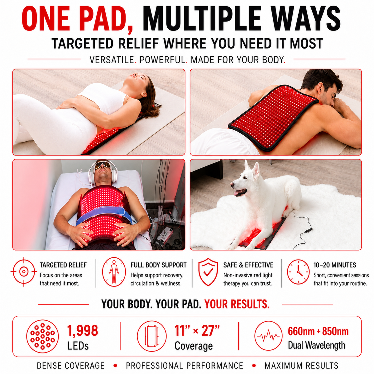Red Light Pro Devices Large Red Light Therapy Pad – 27" x 11" with 1,998 LEDs to Help Support Pain Relief & Recovery
