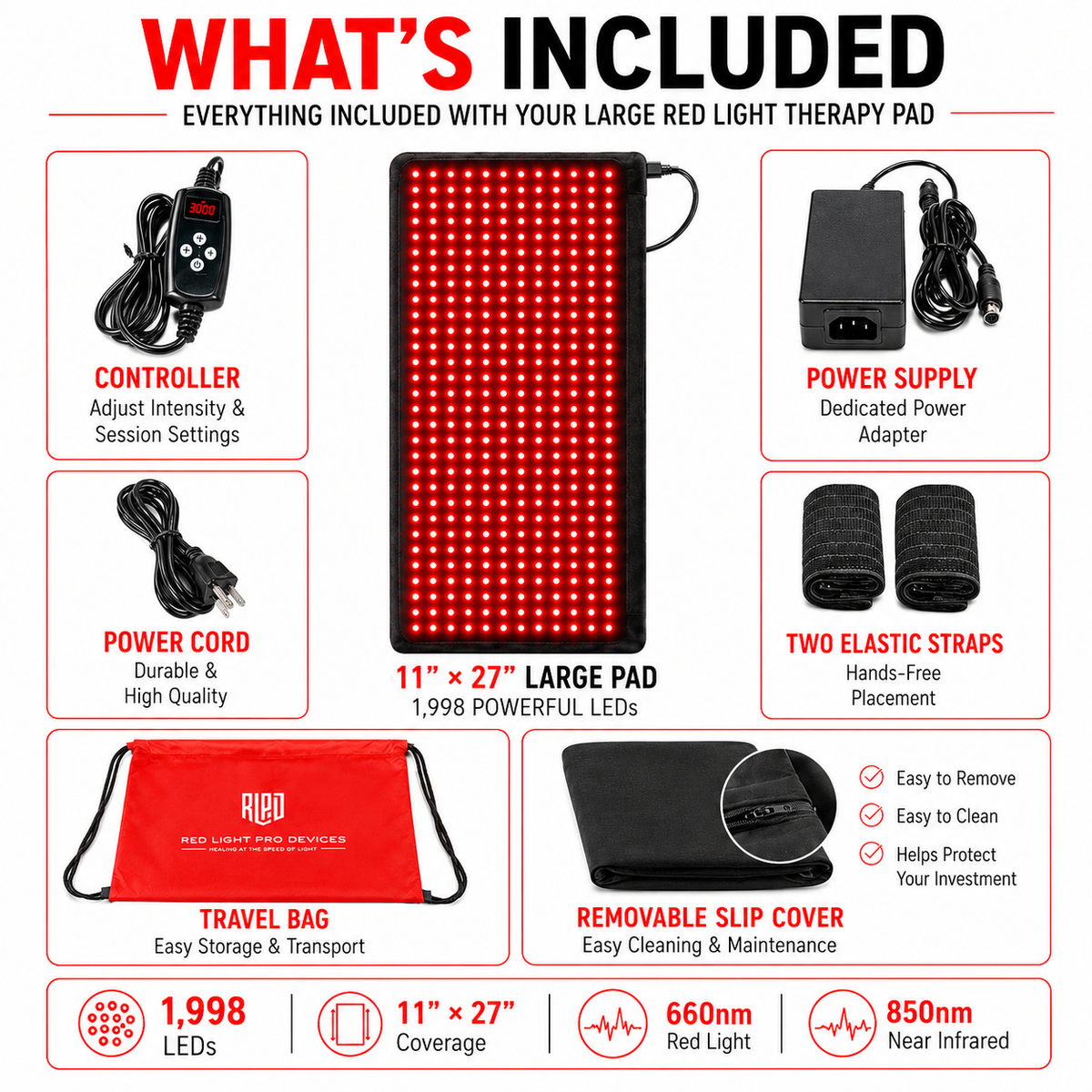 Red Light Pro Devices Large Red Light Therapy Pad – 27" x 11" with 1,998 LEDs to Help Support Pain Relief & Recovery